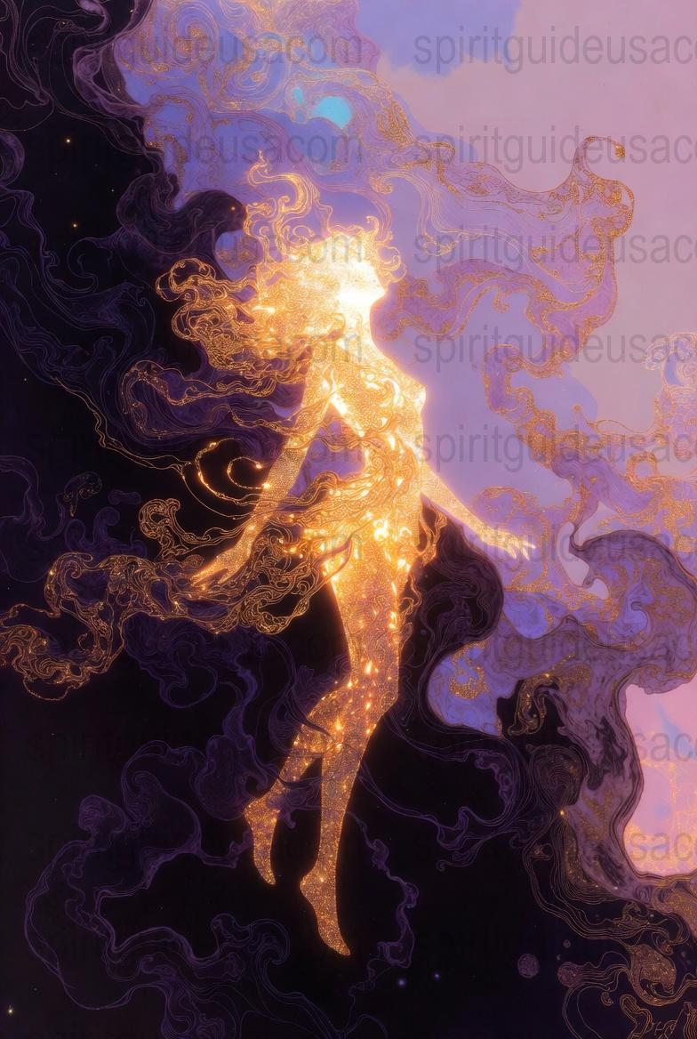 Mystical Fairy Art Print, Celestial Gold and Purple Fantasy Wall Decor, Ethereal Spiritual Poster, Unique Home Decoration