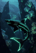 Glowing Neon Shark Art Print, Mystical Sea Creature Poster, Fantasy Ocean Décor, Cosmic Underwater Wall Art