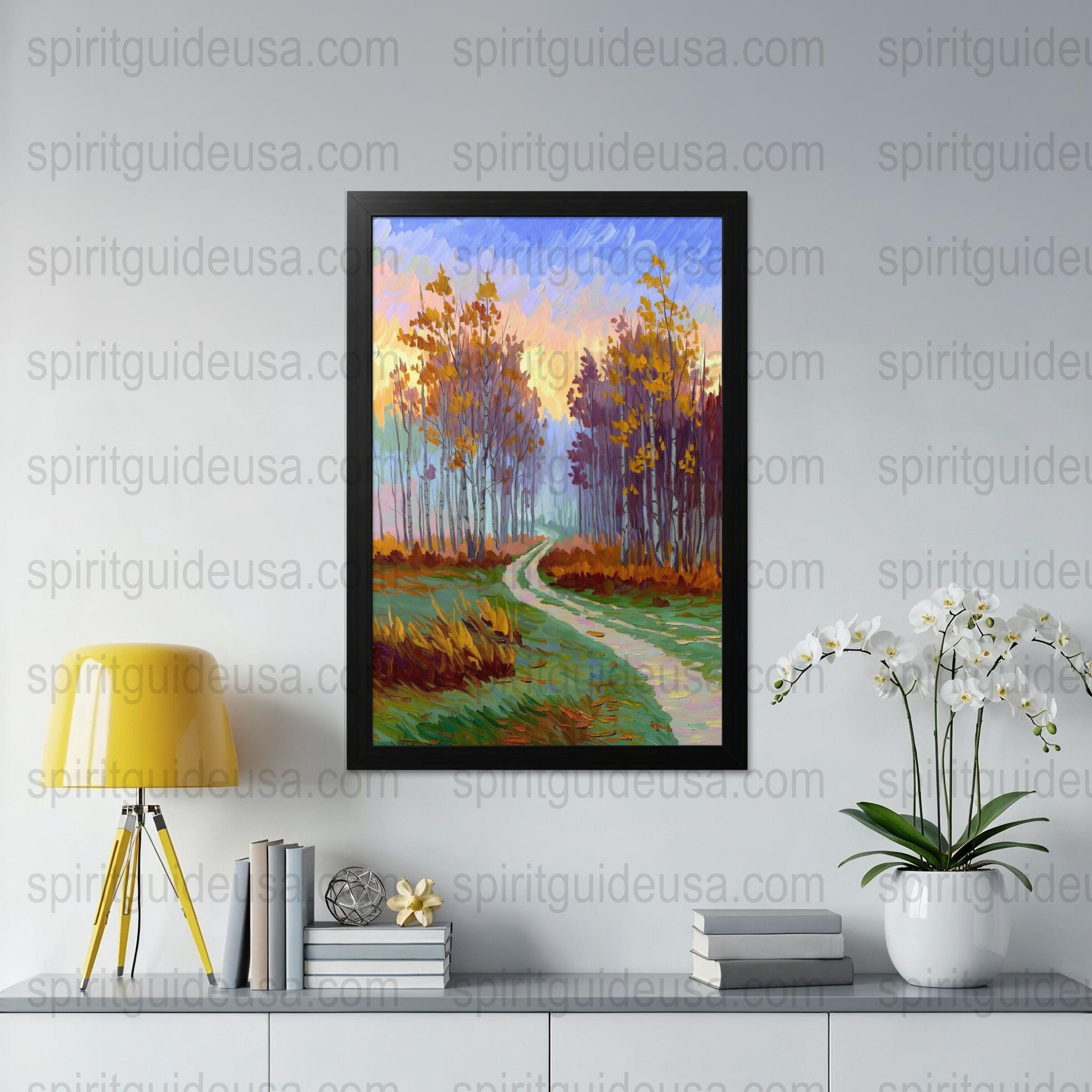 Colorful Forest Path Landscape Painting, Autumn Trees Art Print, Nature Wall Decor for Home and Office