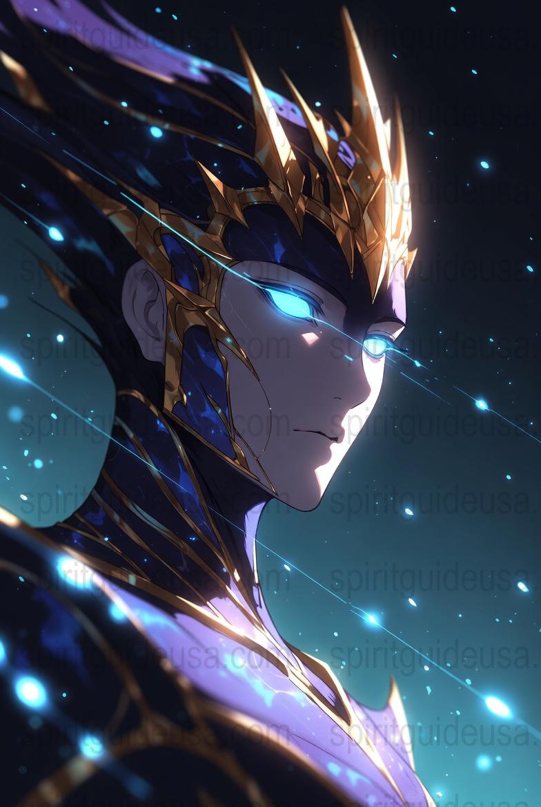 Fantasy Warrior Art Print, Blue and Gold Helmet, Space Cosmic Background, Mystical Wall Decor, Unique Digital Illustration