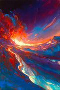 Vibrant Abstract Landscape Painting, Vivid Red and Blue Wall Art, Sunset Acrylic Canvas Decor