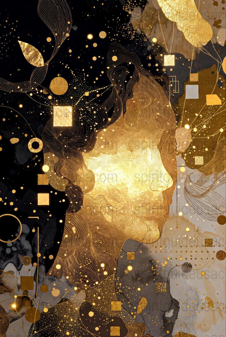 Abstract Gold and Black Woman Portrait Art Print, Modern Wall Decor, Luxurious Golden Bedroom Artwork, Unique Home Decoration Piece