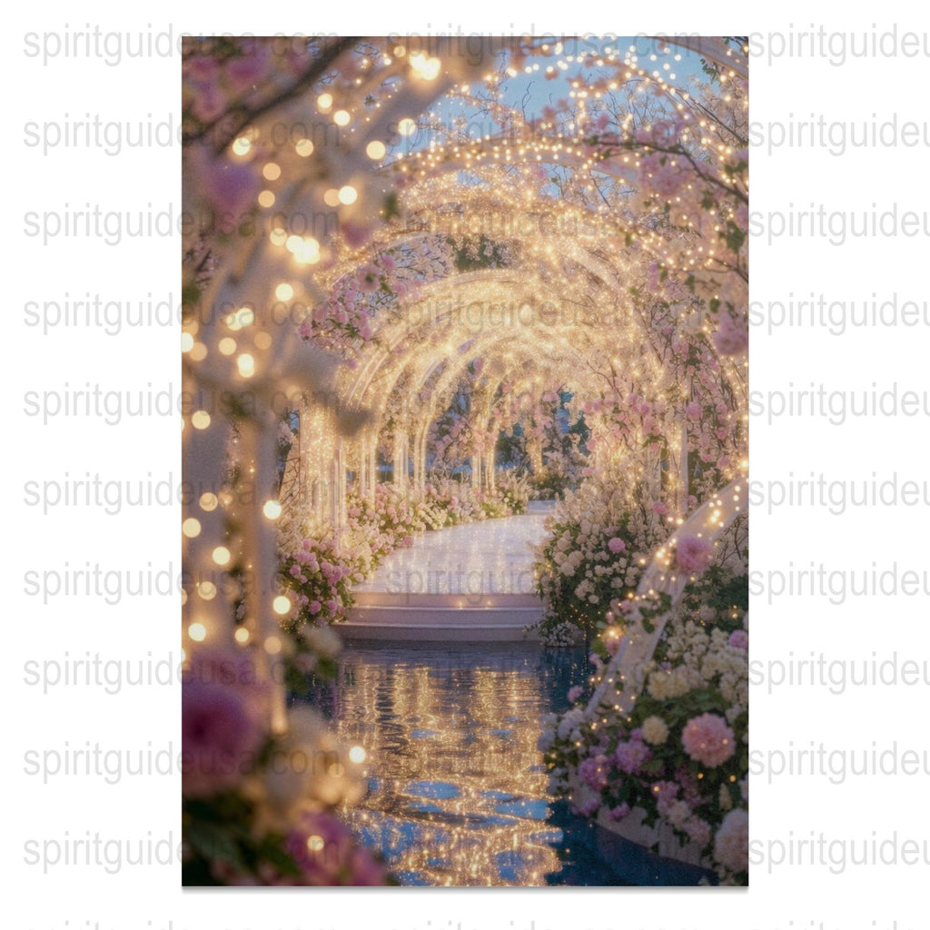 Enchanted Garden Archway Photo Print, Floral Tunnel with Fairy Lights Wall Art, Dreamy Landscape Decor, Magical Pathway Photography