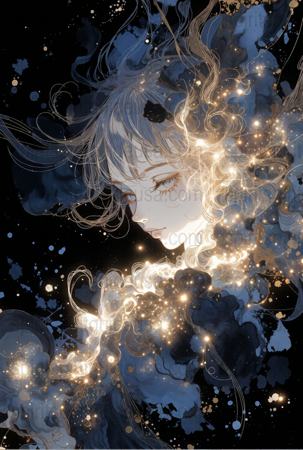 Anime Art Print, Ethereal Girl with Glowing Hair, Starry Night Sky, Fantasy Wall Decor, Celestial Bedroom Artwork, Mystical Poster