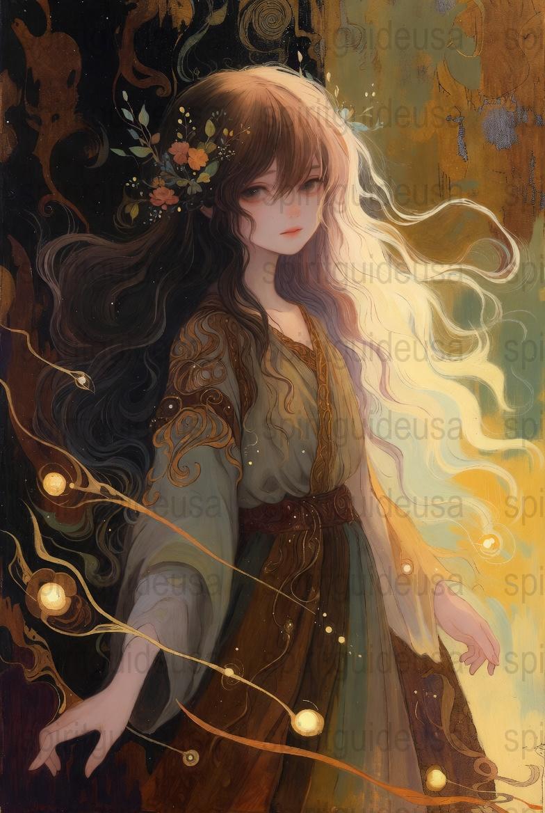 Mystical Fantasy Art Print, Elegant Woman with Flowing Hair and Floral Crown, Decorative Wall Art, Vintage Style Illustration, Gift Idea