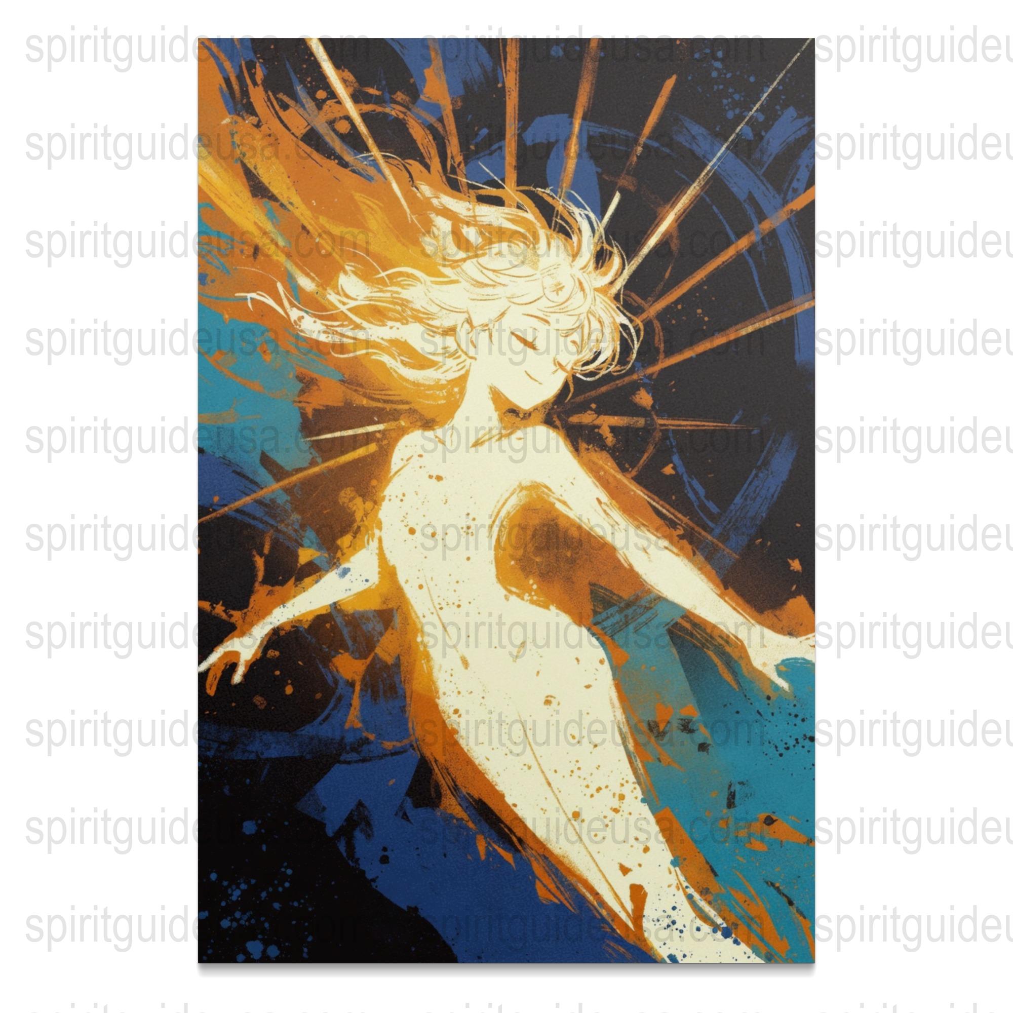 Abstract Sun Goddess Art Print, Vibrant Orange and Blue Wall Decor, Modern Mythical Artwork for Home