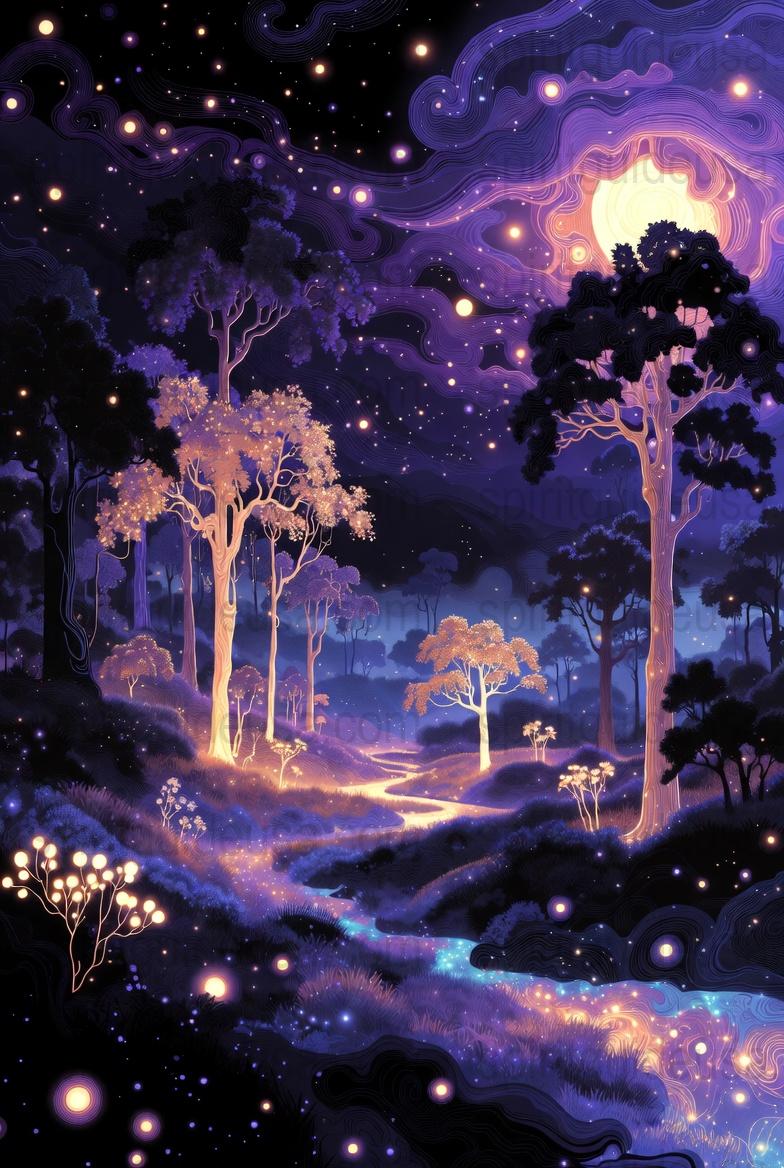 Enchanted Forest Night Scene Art Print, Magical Trees, Stars, Moon Landscape Poster, Mystical Nature Wall Decor