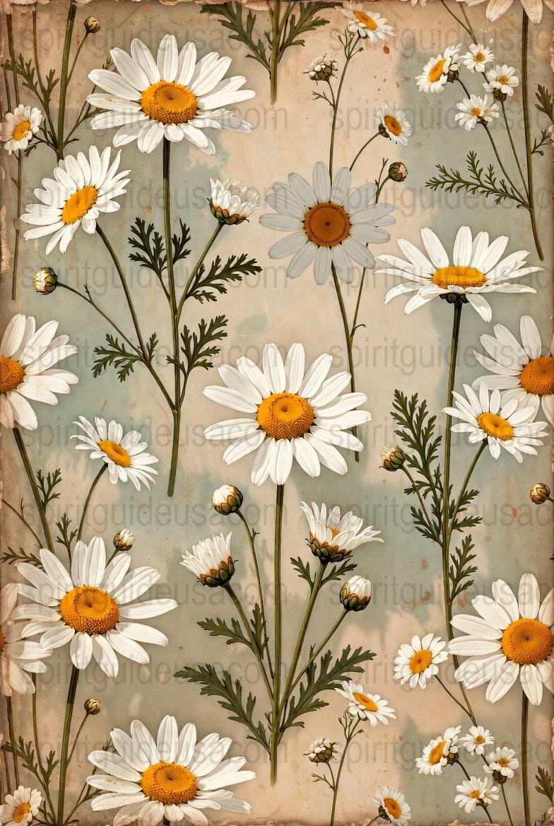 Vintage Floral Wallpaper with White Daisies and Green Stems, Rustic Home Decor Art Print, Botanical Wall Hanging
