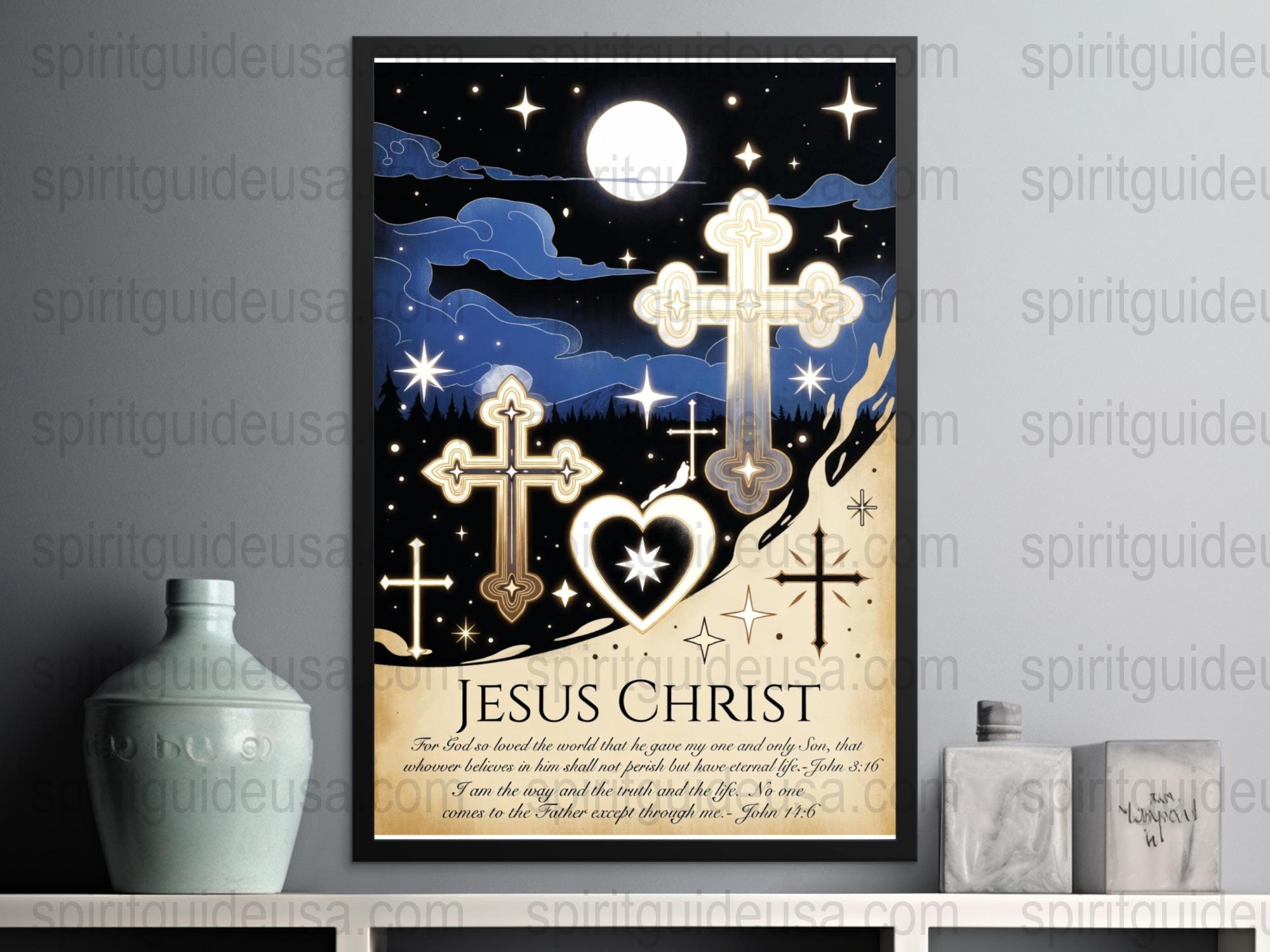 Spiritual Art Print, Moon and Crosses Poster, Celestial Night Sky, Religious Wall Decor, Inspirational Quote, Home Decoration, Gift Idea
