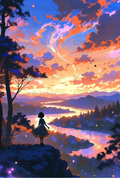 Anime Style Sunset Art Print, Vibrant Sky and River Landscape, Colorful Wall Decor, Fantasy Nature Poster, Gift Idea