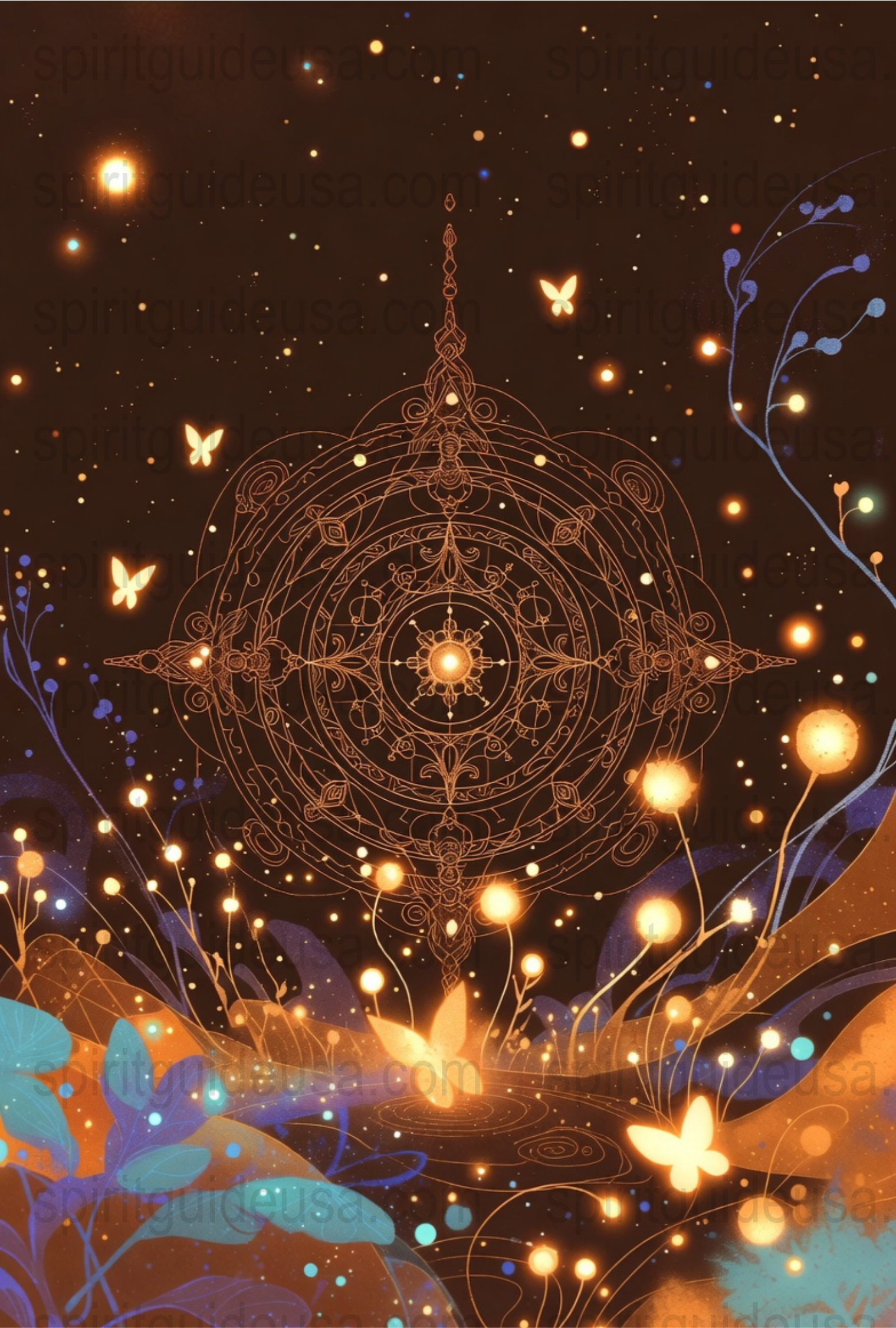 Mystical Mandala Art Print, Golden Bohemian Wall Decor, Celestial Night Sky, Butterflies and Flowers, Spiritual Gift Idea