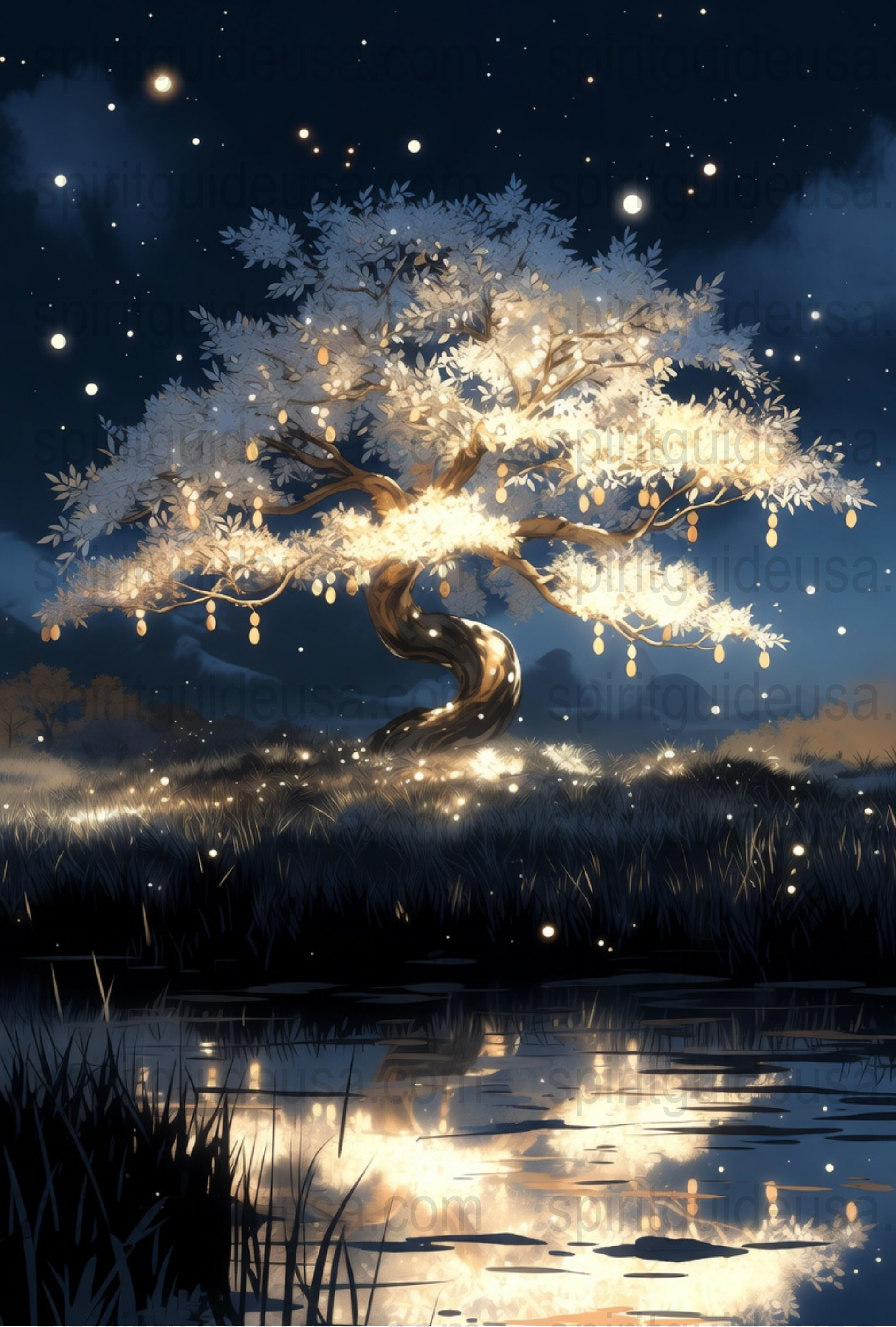 Enchanted Tree Art Print, Magical Night Landscape, Twinkling Stars, Serene Nature Wall Decor