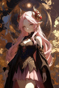 Anime Fantasy Girl Art Print, Pink Hair Horned Character, Decorative Wall Poster, Mystical Themed Illustration