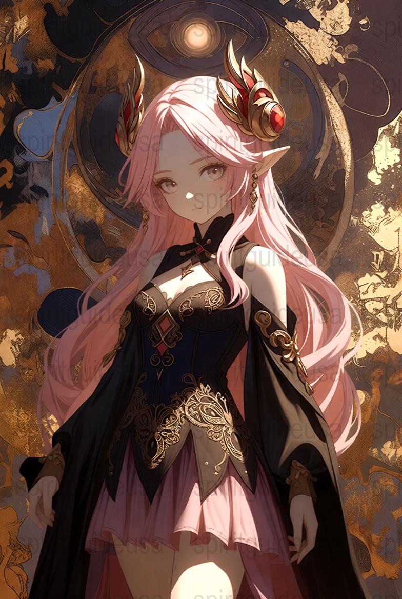 Anime Fantasy Girl Art Print, Pink Hair Horned Character, Decorative Wall Poster, Mystical Themed Illustration