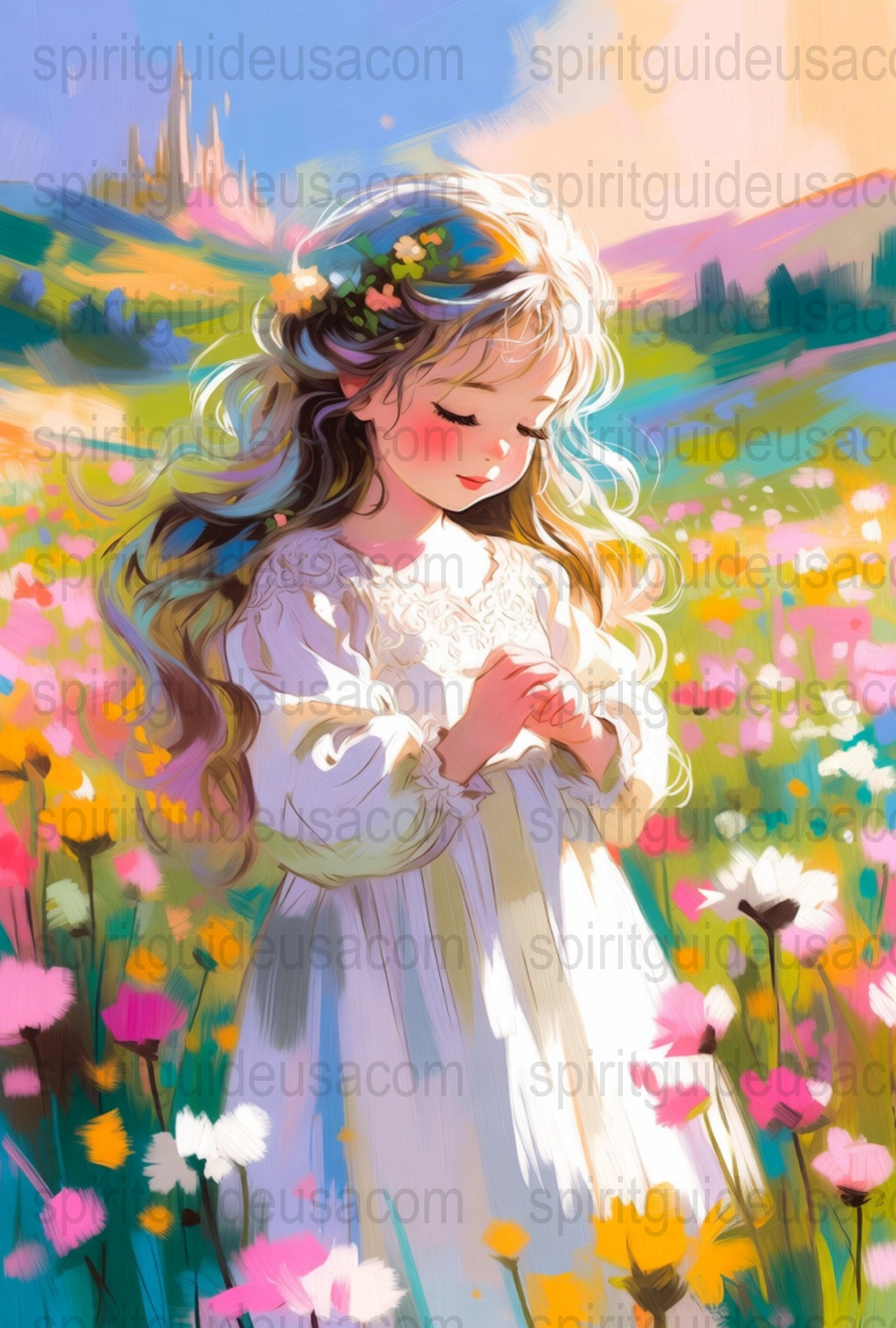 Whimsical Girl in Flower Field Art Print, Colorful Spring Meadow, Fantasy Artwork, Vibrant Wall Decor