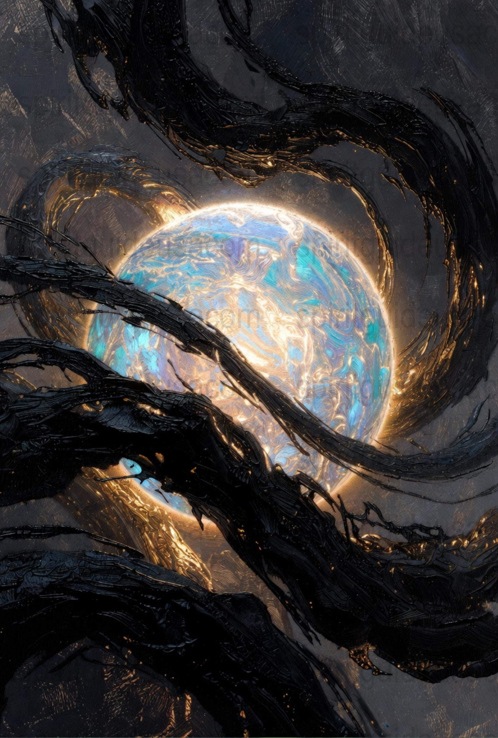 Surreal Cosmic Art Print, Abstract Alien Planet with Glowing Core, Sci-Fi Wall Decor, Space Themed Digital Artwork for Home