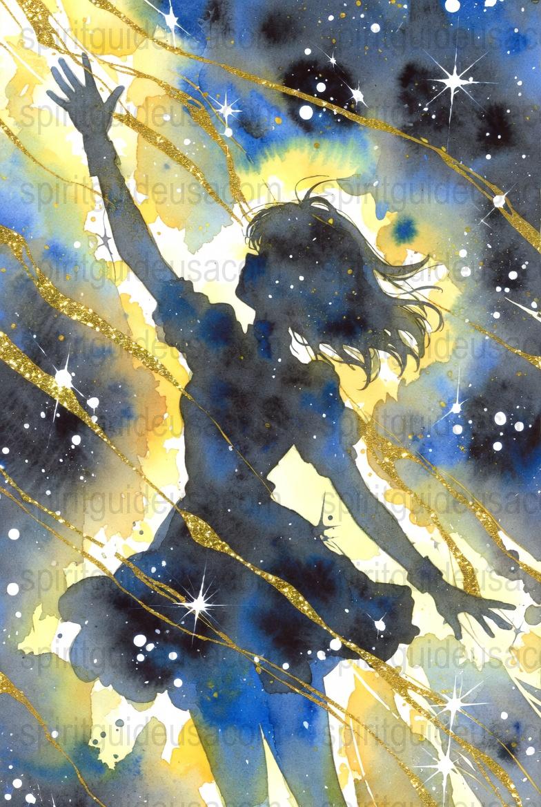 Celestial Watercolor Art Print, Silhouette of Woman Dancing, Gold Accents, Starry Night Sky, Wall Decor, Modern Home Artwork