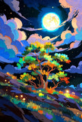 Vibrant Night Sky Art Print, Colorful Tree Landscape, Moonlight Nature Wall Decor, Enchanted Forest Illustration, Poster
