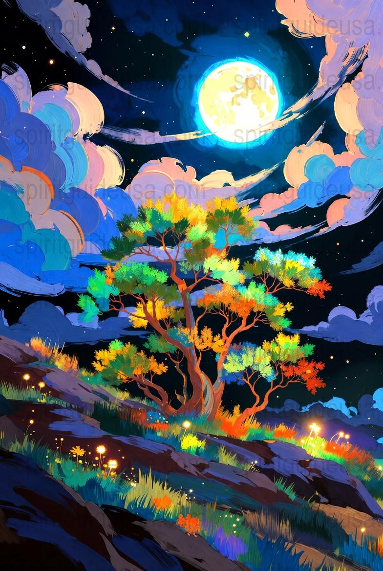 Vibrant Night Sky Art Print, Colorful Tree Landscape, Moonlight Nature Wall Decor, Enchanted Forest Illustration, Poster