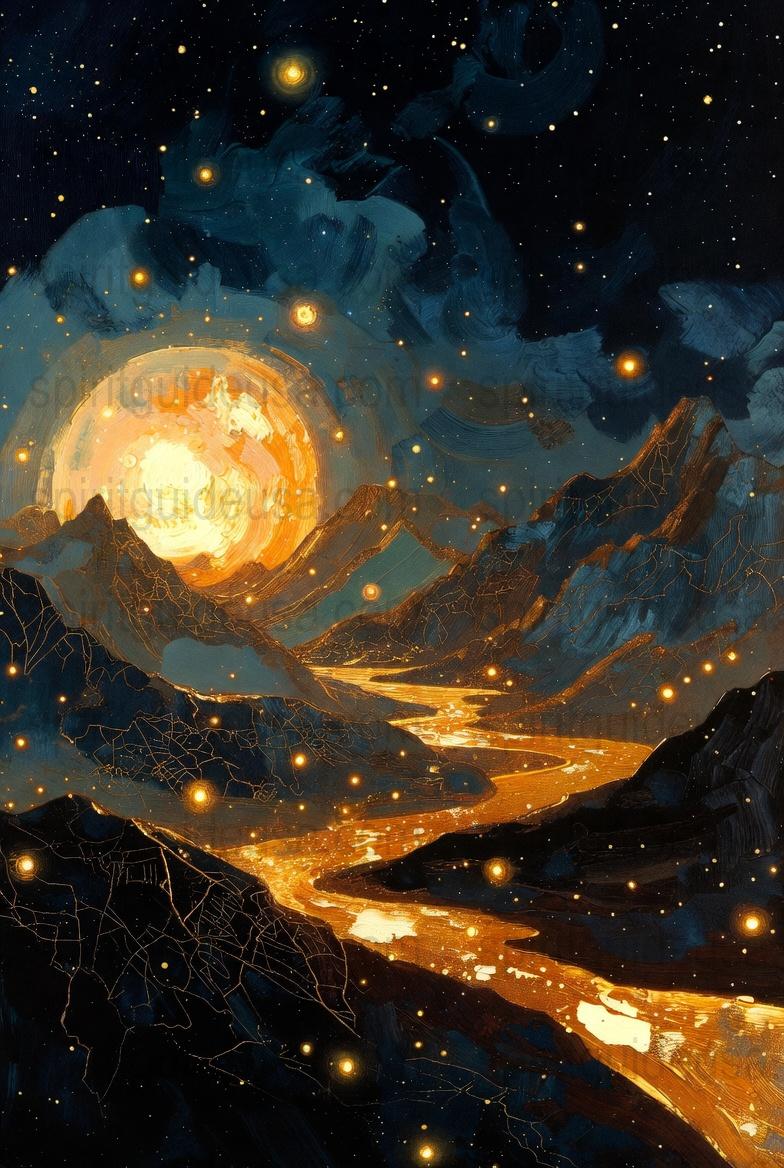 Celestial River and Mountain Canvas Print, Starry Night Sky Artwork, Vibrant Wall Decor, Fantasy Landscape Painting