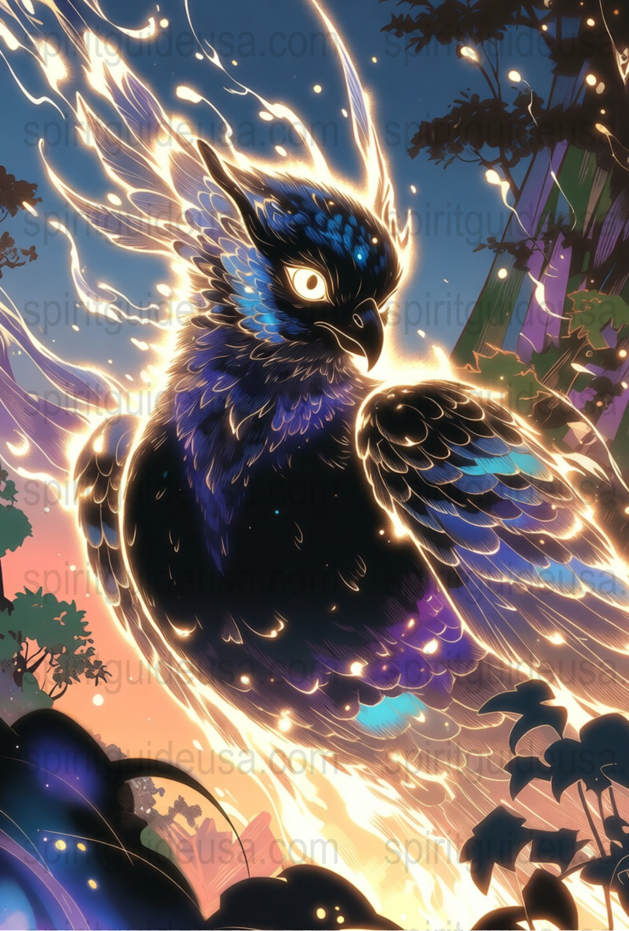 Majestic Blue Owl Art Print, Vibrant Fire Wings, Fantasy Forest Poster, Unique Wall Decor, Colorful Bird Illustration