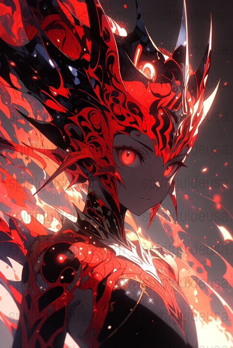 Anime Inspired Fiery Red and Black Character Poster, Dramatic Fantasy Art Print, Unique Wall Decor for Bedroom or Game Room