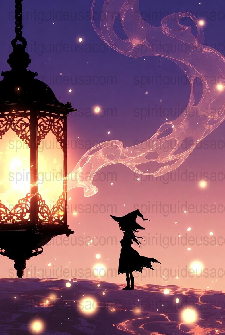 Magical Witch Lantern Night Sky Fantasy Art Print, Mystical Purple Wall Decor