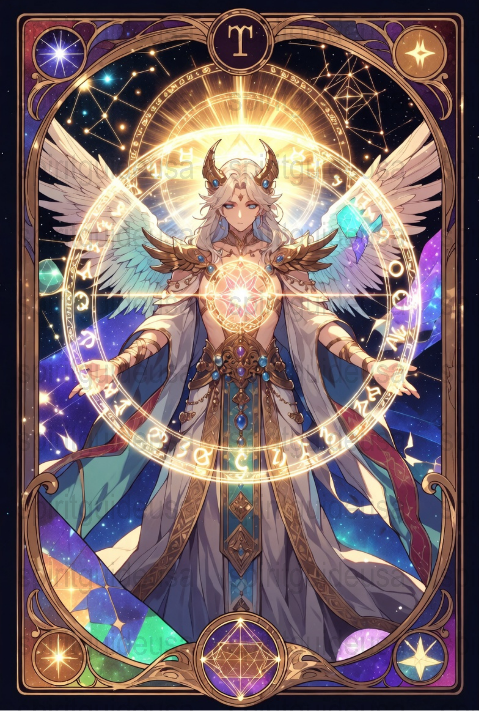 Celestial Zodiac Fantasy Art Print, Aries Angel Illustration, Mystical Astrology Wall Decor, Vibrant Colors