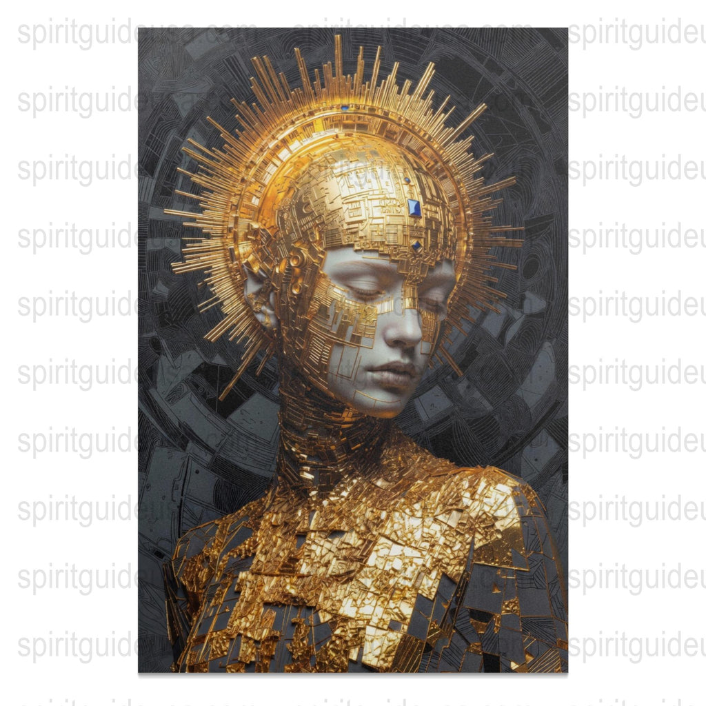 Futuristic Golden Robot Art Print, Cybernetic Being Wall Art, Sci-Fi Decor, Modern Technology Themed Poster, Metallic Finish Artwork