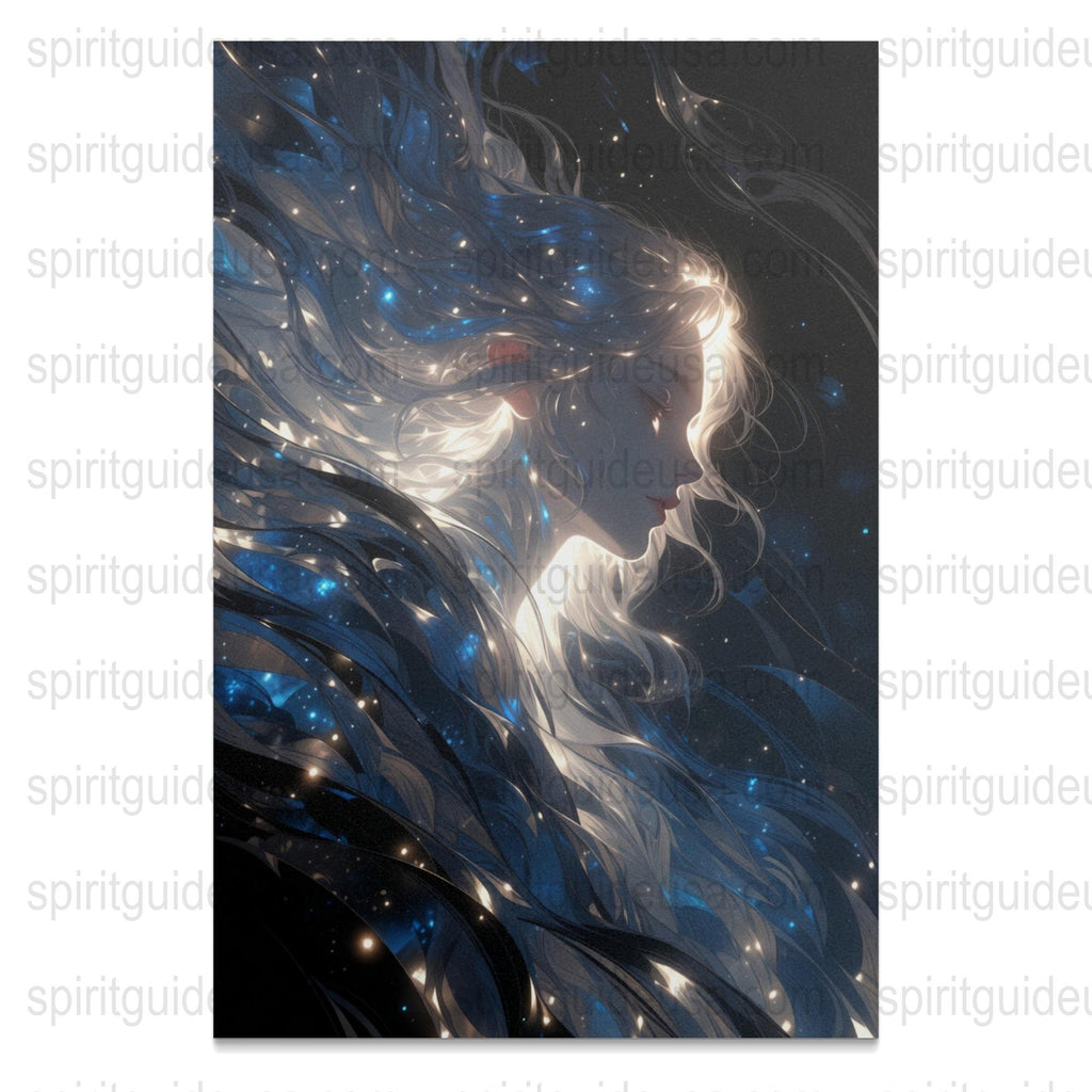 Blue and Black Abstract Art Print, Modern Fantasy Woman Portrait, Celestial Wall Decor, Mystical Poster, Ethereal Home Decoration