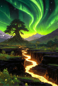 Northern Lights Fantasy Art Print, Mystical Tree and Lava Stream Landscape, Vibrant Wall Decor