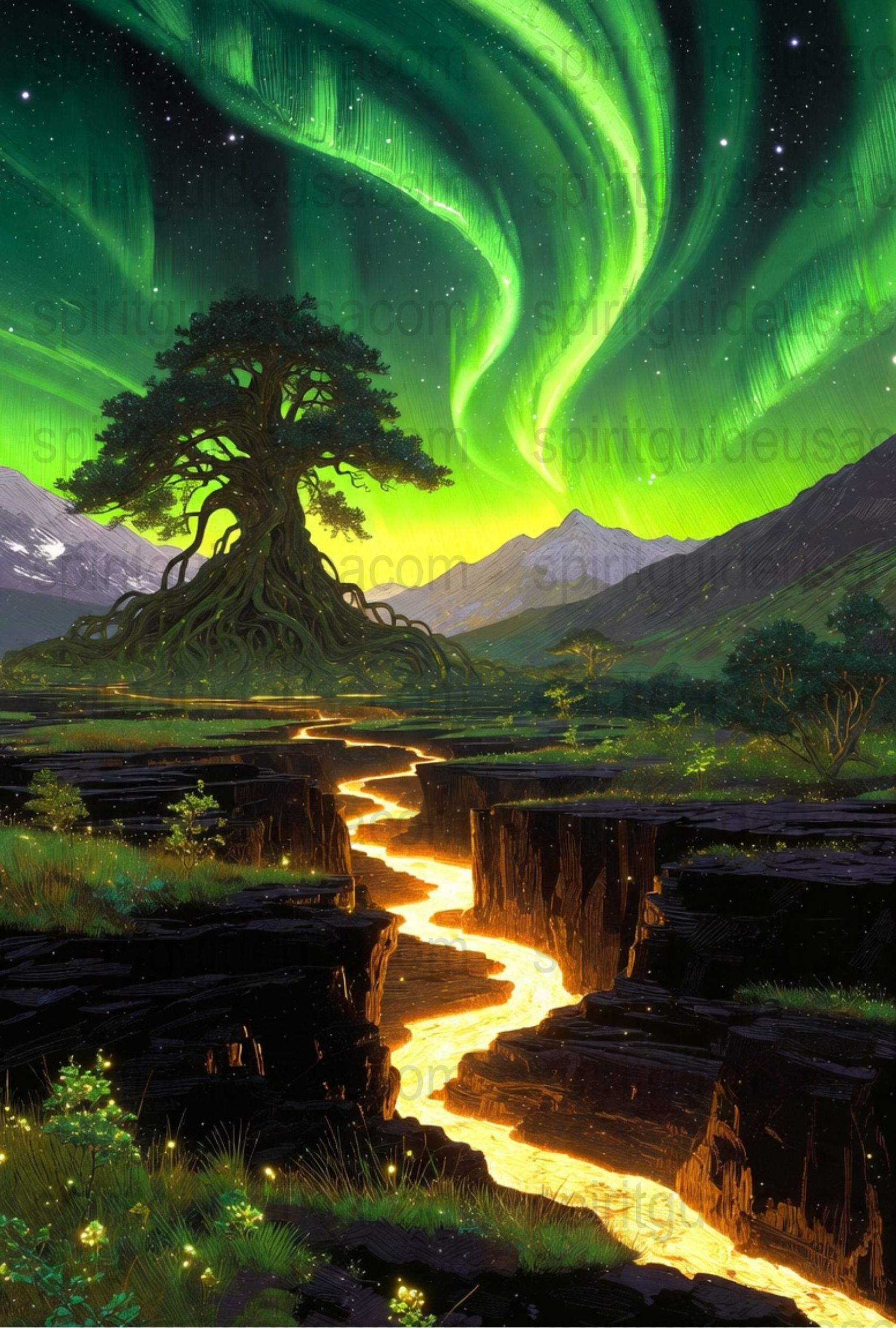 Northern Lights Fantasy Art Print, Mystical Tree and Lava Stream Landscape, Vibrant Wall Decor