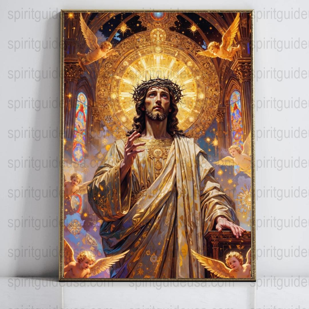 Jesus Christ Sacred Heart Religious Art Print, Christian Home Decor, Spiritual Wall Art, Catholic Gift, Church Painting, Angels Decor
