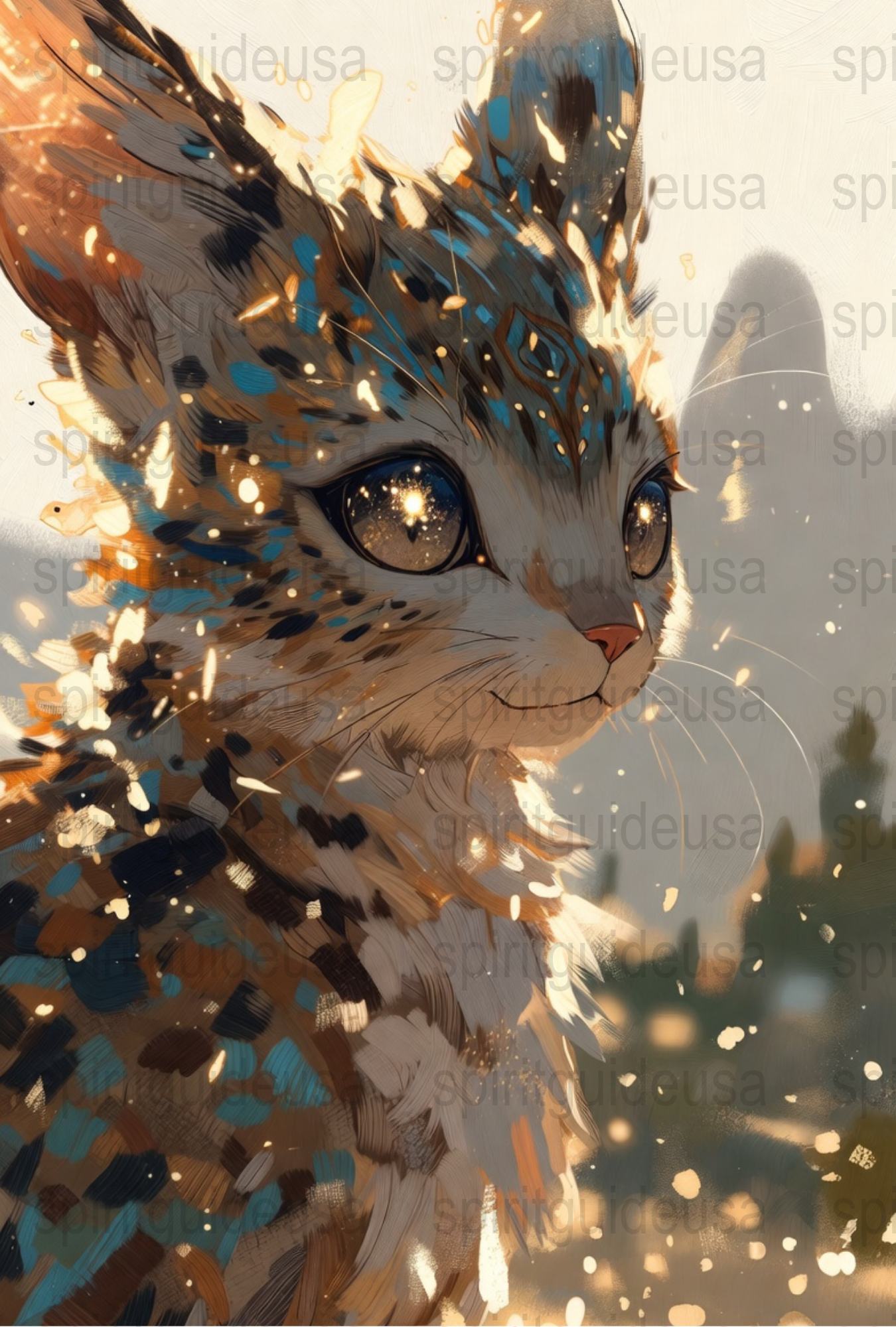 Fantasy Art Print, Starry-Eyed Feline, Whimsical Animal Poster, Digital Illustration, Home Decor Wall Art, Unique Gift Idea for Cat Lovers