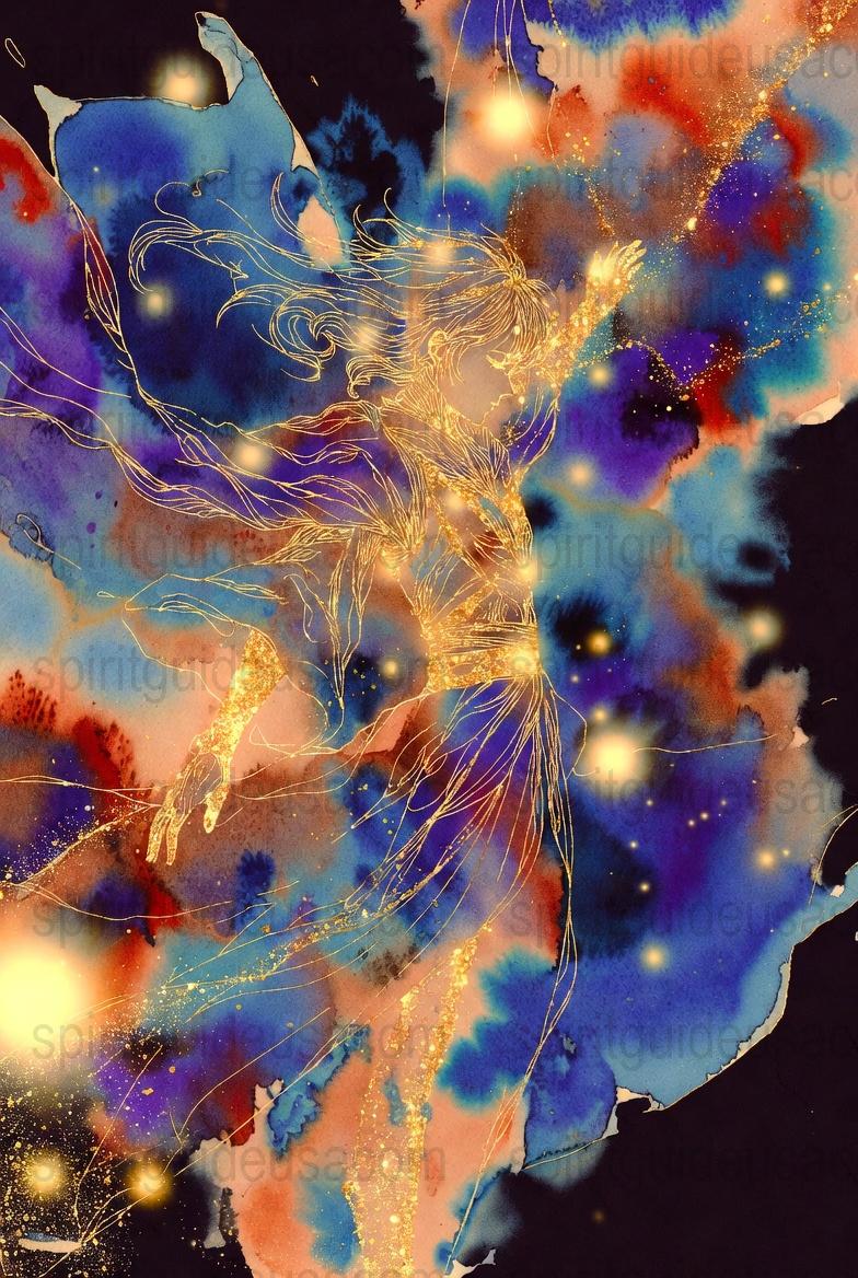 Abstract Cosmic Woman Art Print, Blue and Gold Watercolor Canvas, Home Wall Decor, Bohemian Celestial Artwork, Mystical Space Night Sky