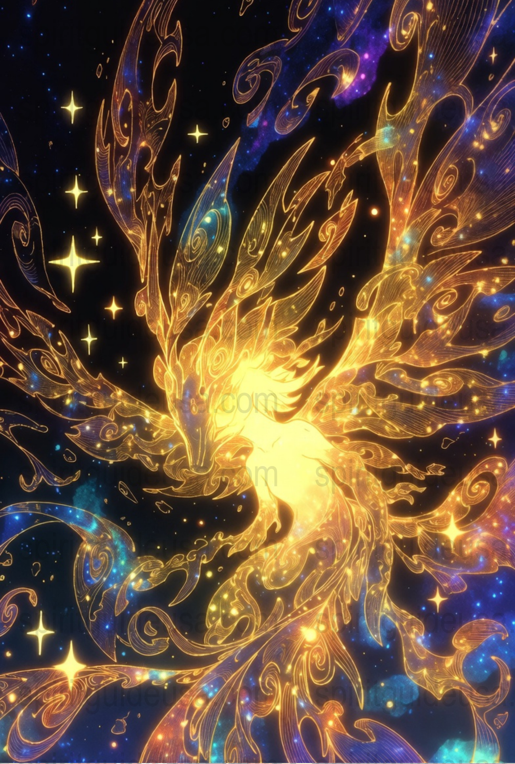 Celestial Phoenix Art Print, Golden Firebird Poster, Fantasy Wall Decor, Starry Night Sky, Mythical Bird Illustration, Space Inspired