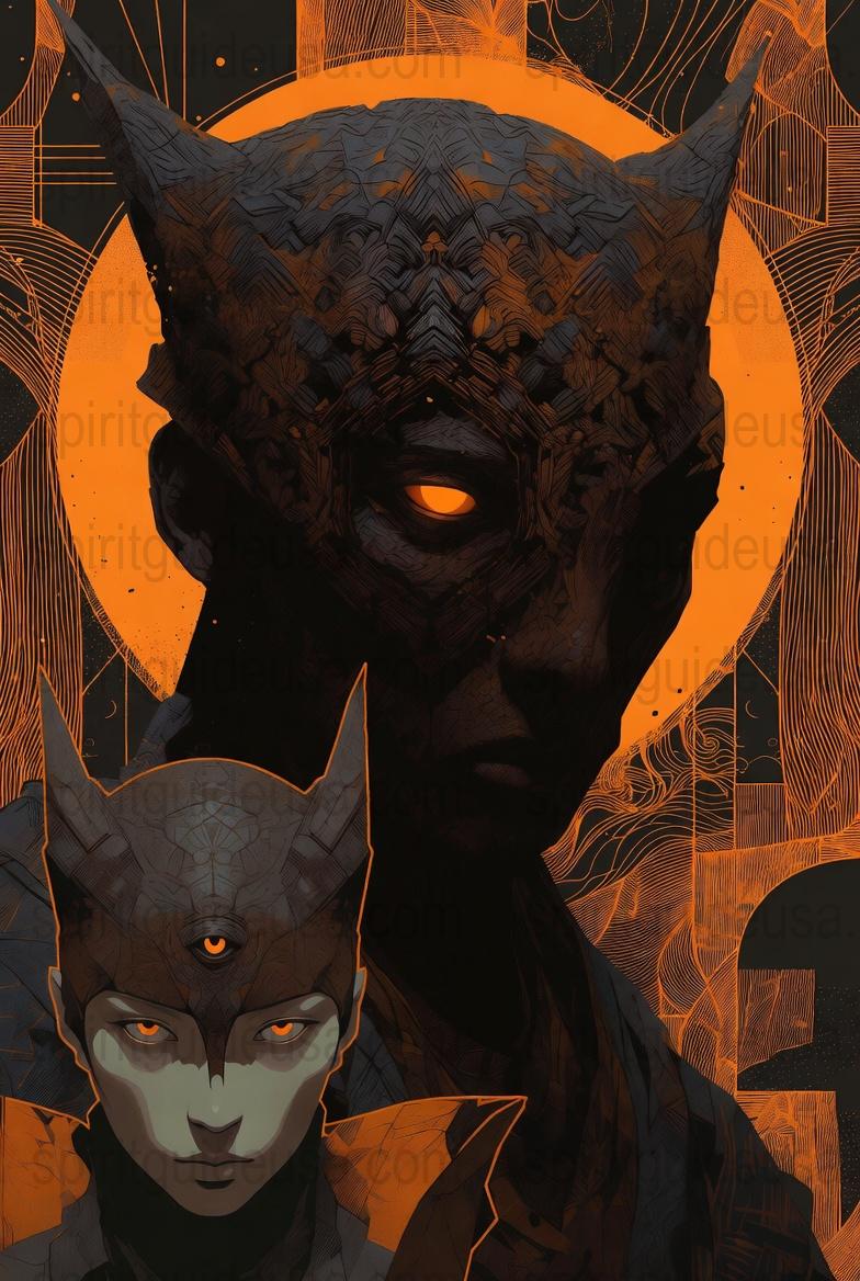 Dark Fantasy Art Print, Mysterious Horned Creature Poster, Orange Black Wall Decor, Gothic Style Home Decoration, Surreal Illustration