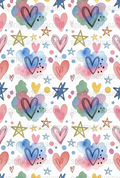Watercolor Hearts and Stars Pattern Fabric, Colorful Seamless Design, Printed Textile Material for DIY Crafts and Apparel