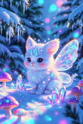 Whimsical Fairy Cat Art Print, Glowing Wings, Icicles, Magic Crystals, Snowy Winter Scene, Fantasy Wall Decor