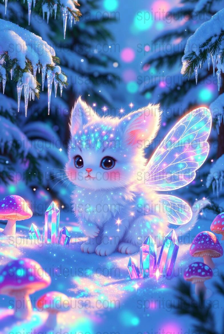 Whimsical Fairy Cat Art Print, Glowing Wings, Icicles, Magic Crystals, Snowy Winter Scene, Fantasy Wall Decor