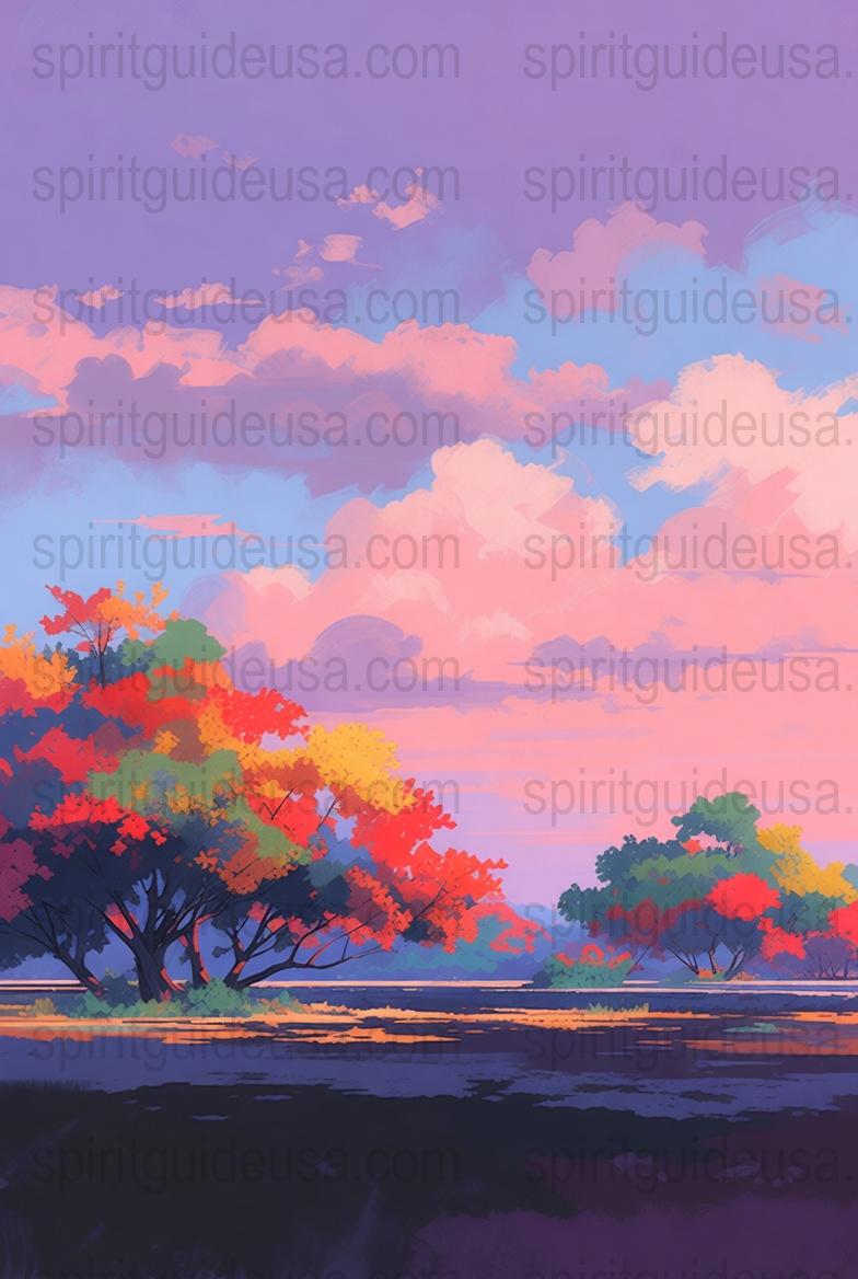Autumn Landscape Art Print, Colorful Trees and Sunset Sky, Vibrant Nature Wall Decor