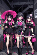 Gothic Lolita Maid Costume Art Print, Japanese Street Fashion, Anime Inspired Wall Decor, Pink and Black Outfits, Urban Backdrop