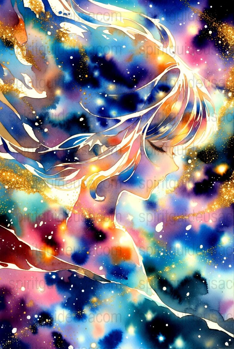 Colorful Abstract Art Print, Galaxy Watercolor, Cosmic Wall Decor, Celestial Artwork, Starry Night Sky, Home Office Decoration, Blue Gold