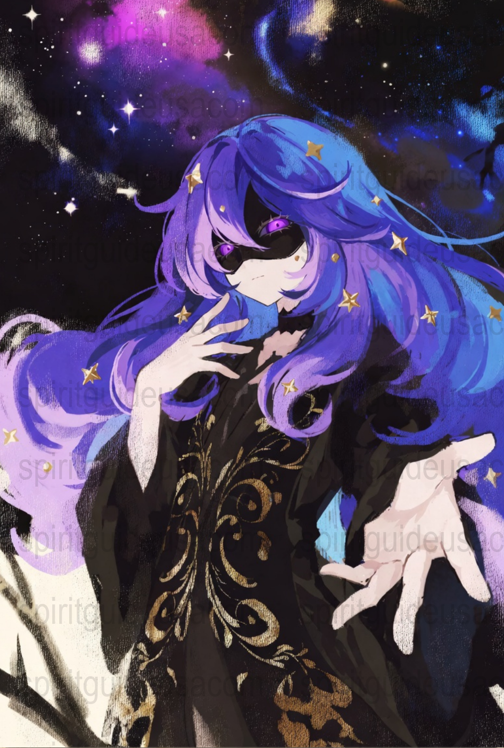 Anime Art Print, Cosmic Starry Night Sky, Mysterious Girl with Purple Hair, Fantasy Wall Decor, Unique Gift Idea for Manga Fans