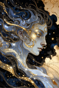 Celestial Art Print, Starry Night Sky, Gold and Blue Fantasy Illustration, Mystical Female Portrait, Wall Decor, Unique Gift Idea