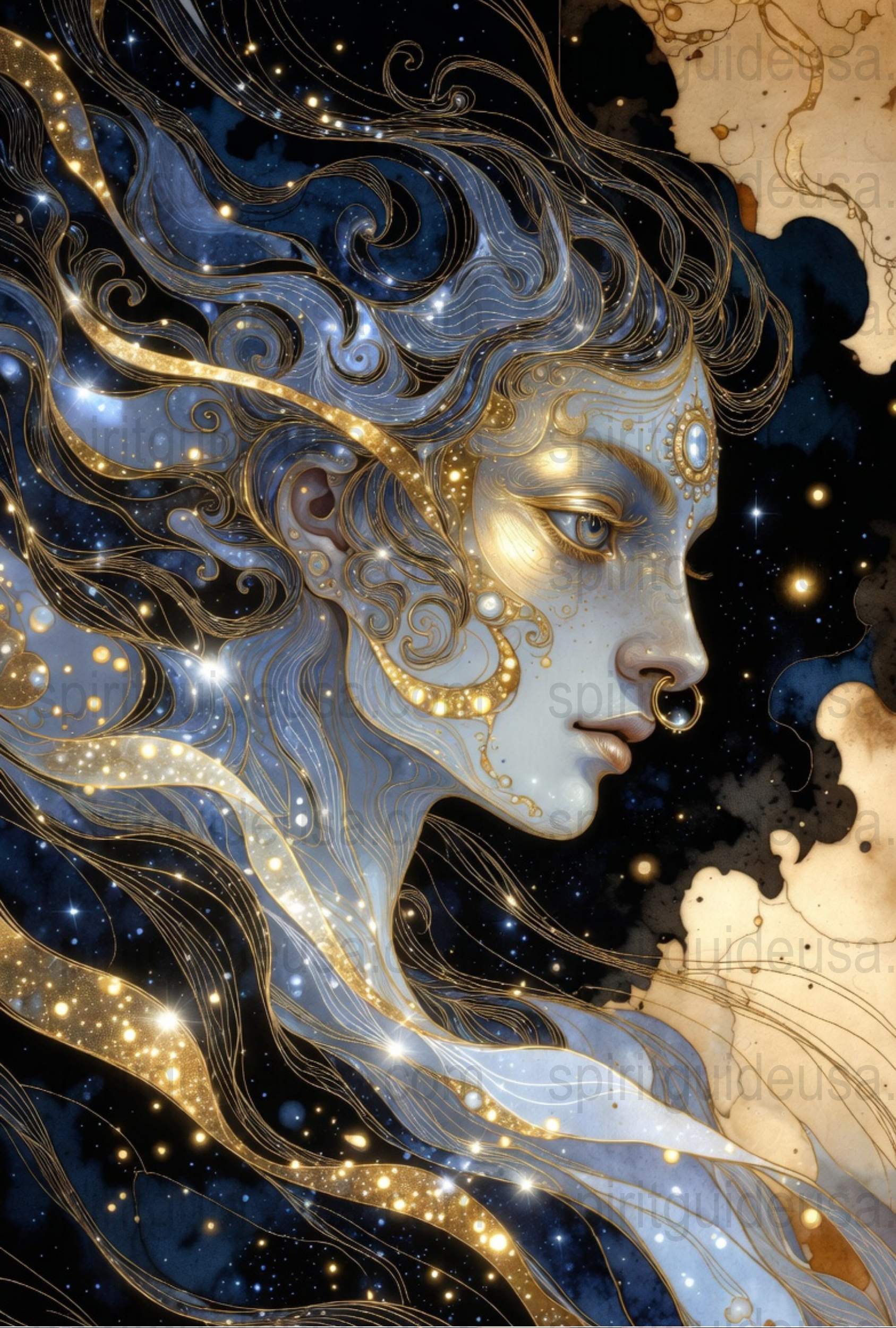 Celestial Art Print, Starry Night Sky, Gold and Blue Fantasy Illustration, Mystical Female Portrait, Wall Decor, Unique Gift Idea