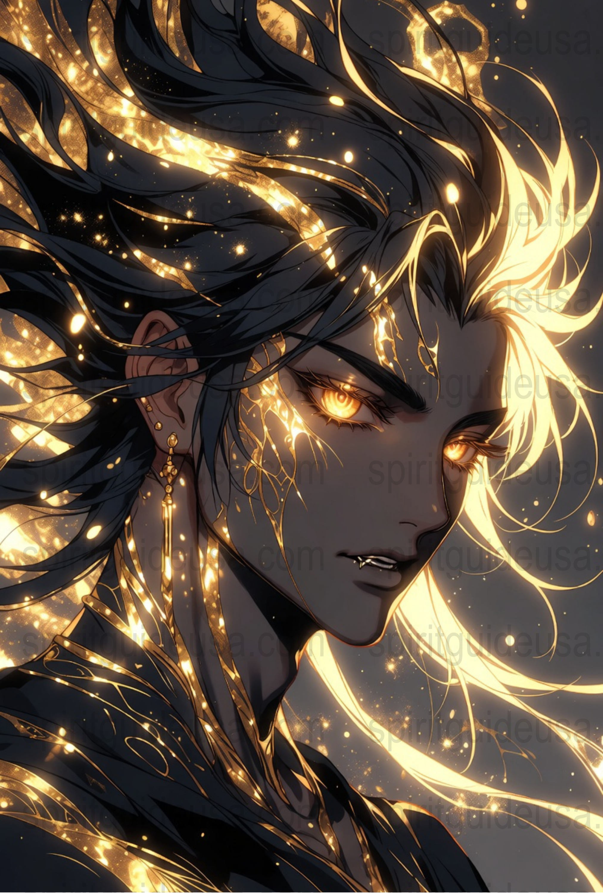 Fantasy Anime Art Print, Golden Eyes Glowing, Celestial Fire, Dark Hair, Dramatic Wall Decor, Unique Poster Gift
