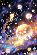 Enchanted Forest Night Sky Art Print, Whimsical Jellyfish and Stars, Magical Moonlight Wall Decor, Fantasy Illustration for Nursery