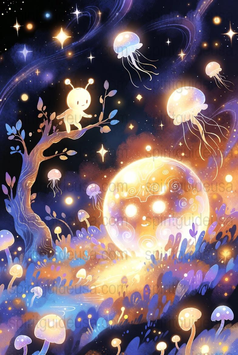 Enchanted Forest Night Sky Art Print, Whimsical Jellyfish and Stars, Magical Moonlight Wall Decor, Fantasy Illustration for Nursery