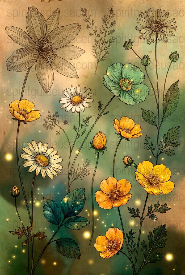 Vintage Botanical Flower Print, Floral Wall Art, Boho Decor, Nature Inspired, Daisy and Poppy Illustration, Rustic Home Decor